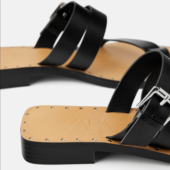 NWT’s Zara Leather Black Buckle Sandals 7.5 Flat 38 - Picture 5 of 6